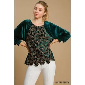 Women's Umgee 3/4 Sleeve Raglan Blouse Hunter Green Floral Lace Velvet Size S